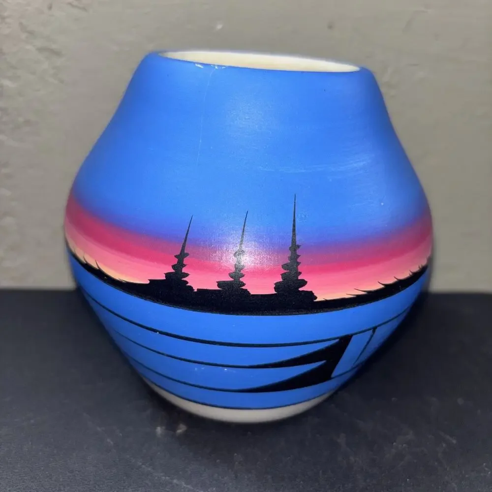 Native American Hand Painted Vase Signed Approximately 5”x5”
